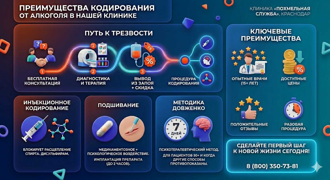 Инфографика о методах кодирования от алкоголя в Старокучергановке: инъекции, подшивание, метод Довженко. Преимущества клиники и этапы лечения.