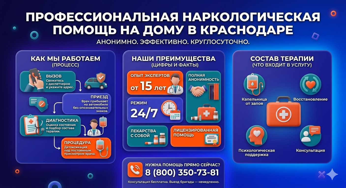 Инфографика о принципах лечения алкоголизма на дому в Старокучергановке: этапы вызова нарколога, преимущества анонимной детоксикации и состав медицинской помощи.